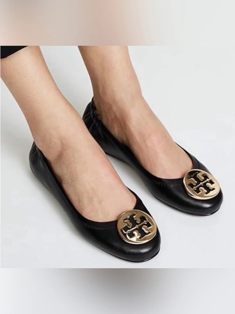 Tory Burch Black Leather Logo Medallion Ballet Flats